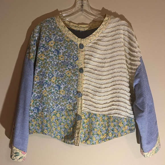 Very unique, handmade, floral, checkered quilted textured button up. - Picture 6 of 12